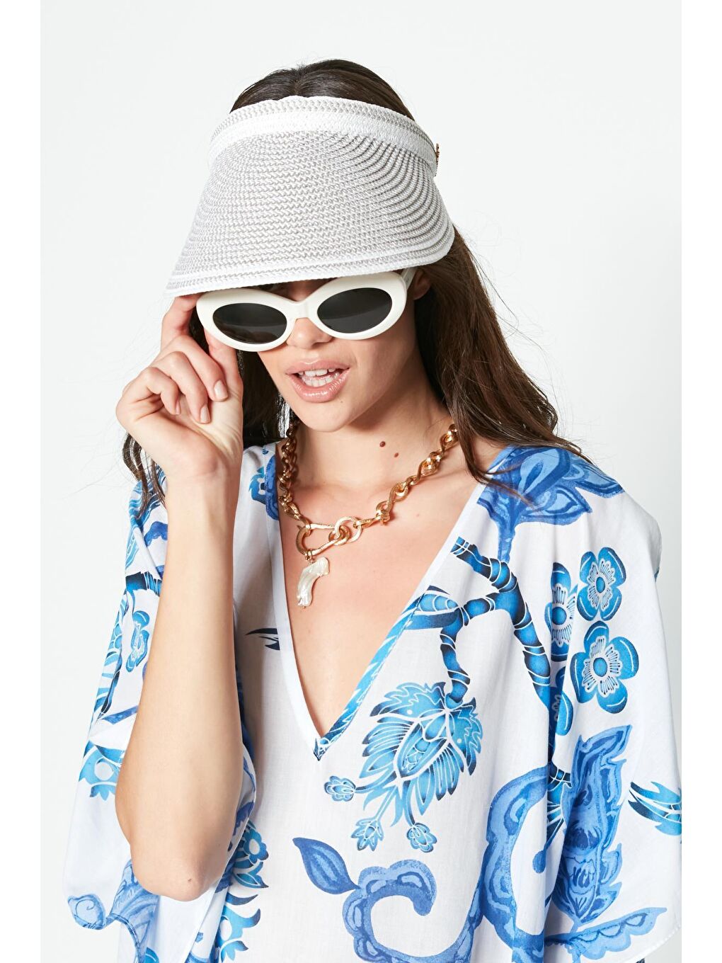 Vizör Hasır Plaj Şapkası Y23730-43 Beyaz-2