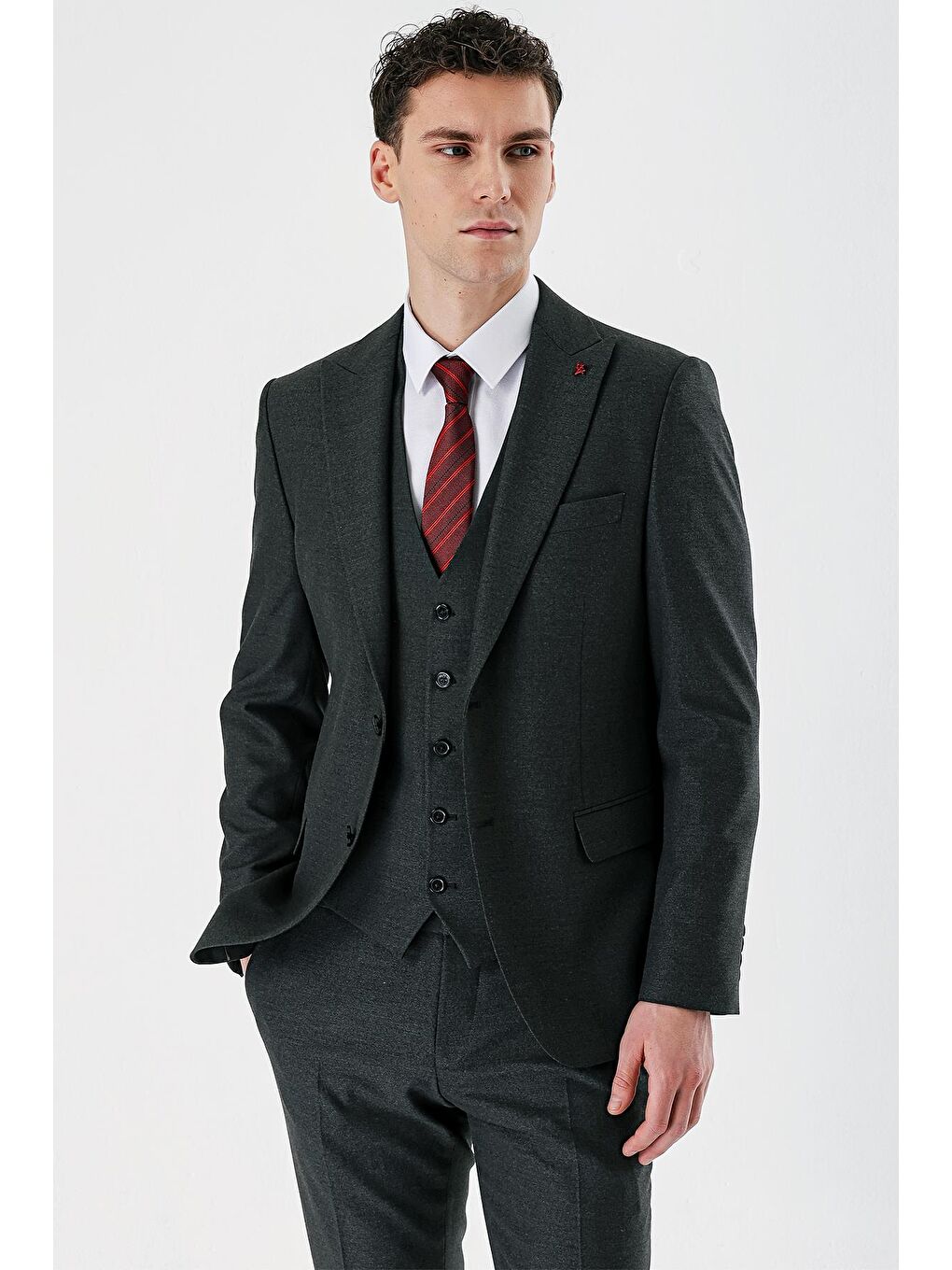 Koyu Antrasit Kırlangıç Yaka Yelekli Elastanlı 6 Drop Slim Fit Klasik Takım Elbise 1001240167