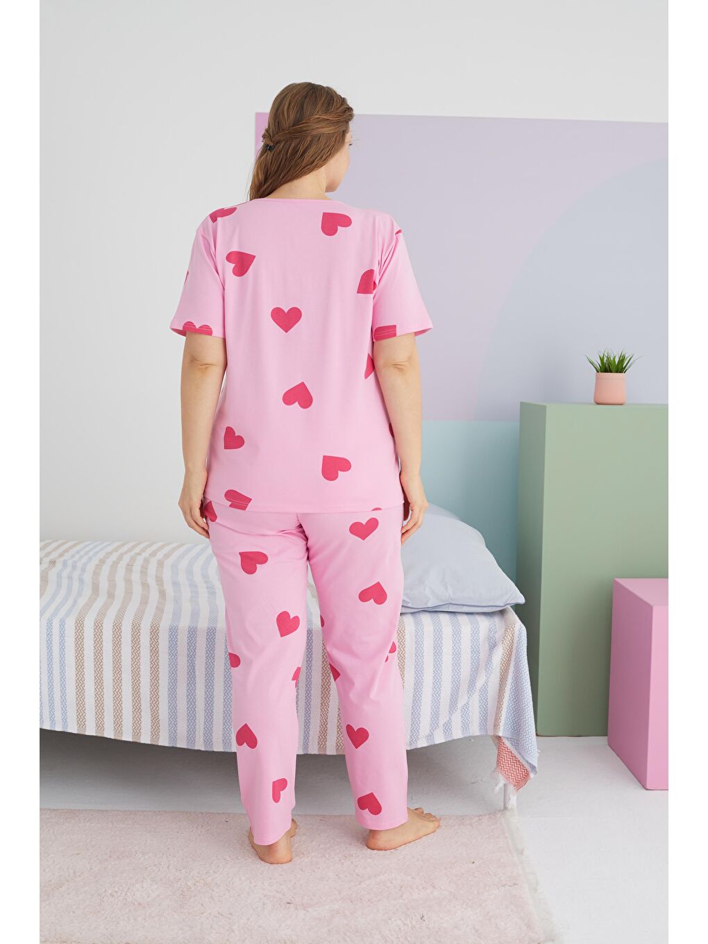 SİYAH İNCİ Pembe Curve Büyük Beden Battal Boy Pamuklu Örme Pijama Takımı - 2