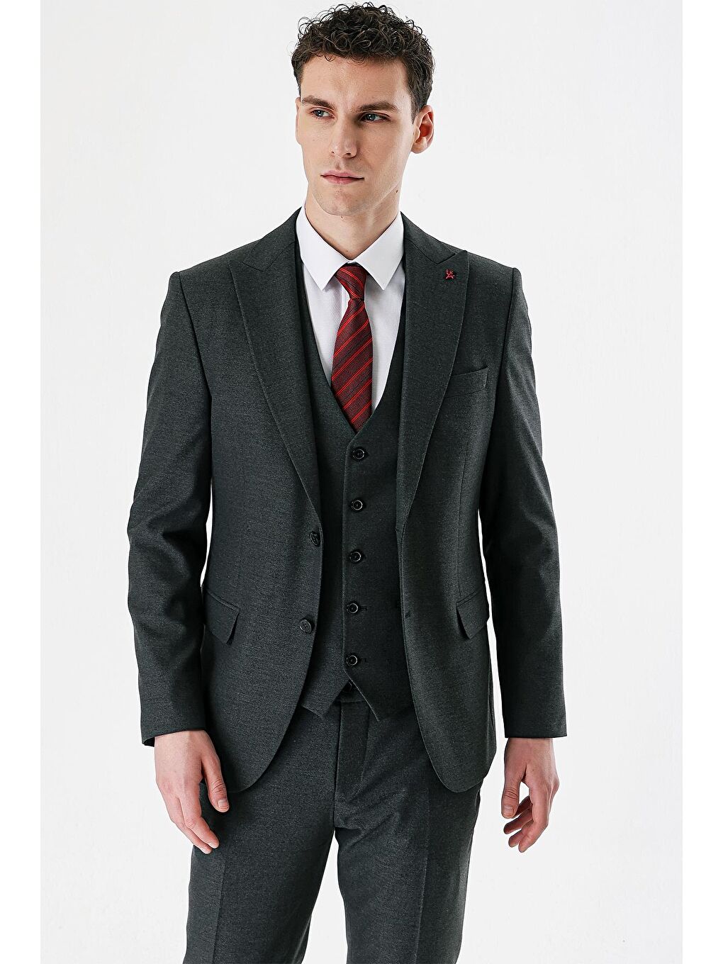Koyu Antrasit Kırlangıç Yaka Yelekli Elastanlı 6 Drop Slim Fit Klasik Takım Elbise 1001240167-2