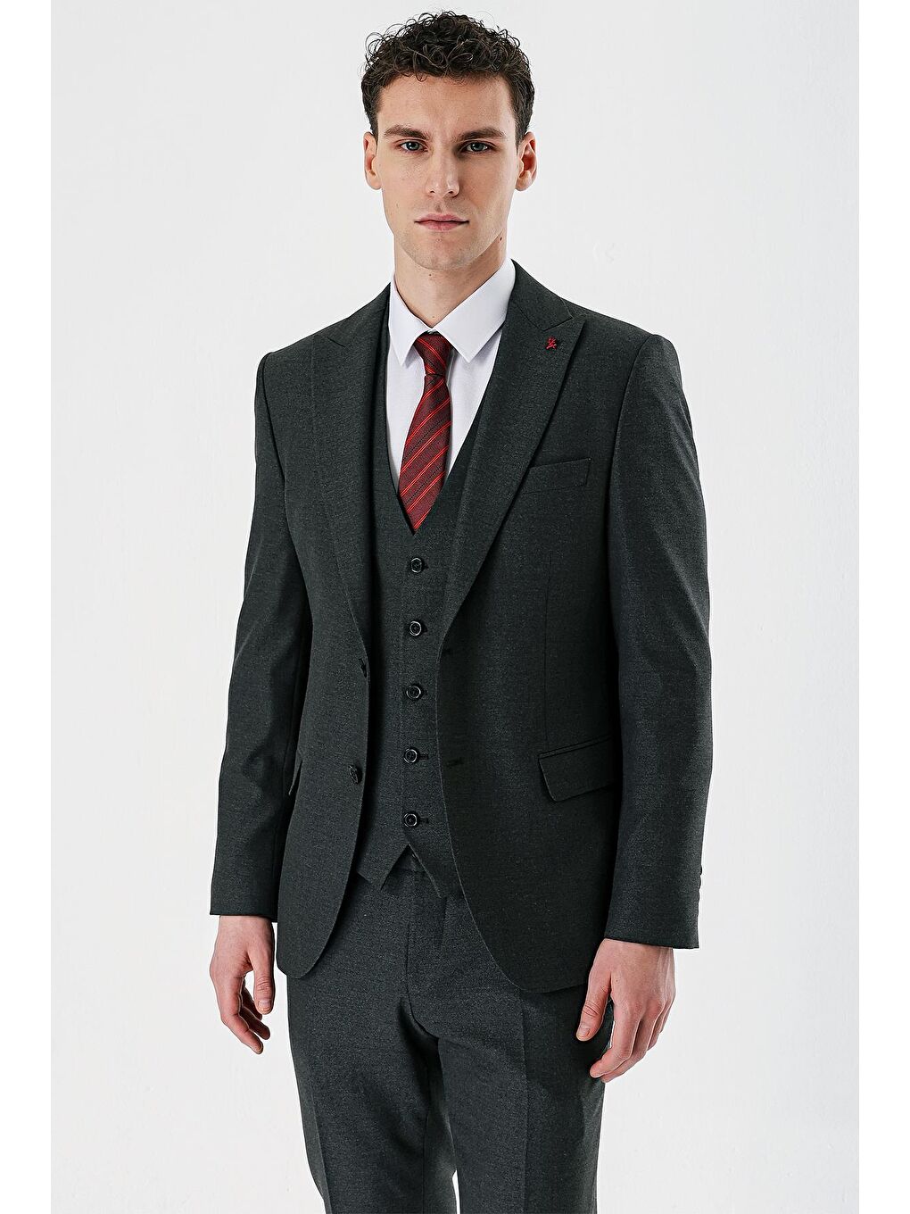 Koyu Antrasit Kırlangıç Yaka Yelekli Elastanlı 6 Drop Slim Fit Klasik Takım Elbise 1001240167-3