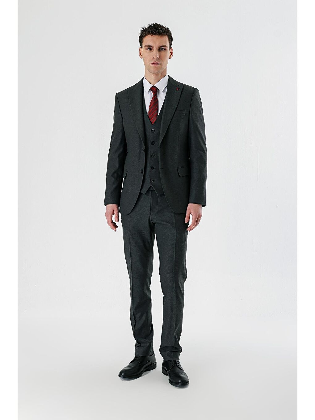 Koyu Antrasit Kırlangıç Yaka Yelekli Elastanlı 6 Drop Slim Fit Klasik Takım Elbise 1001240167-4