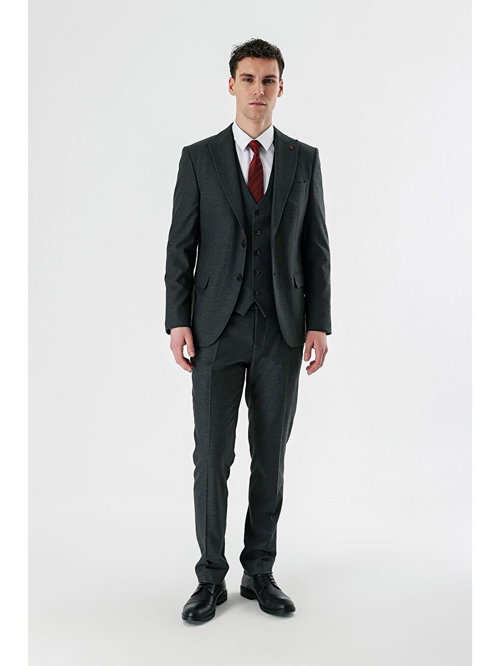 Koyu Antrasit Kırlangıç Yaka Yelekli Elastanlı 6 Drop Slim Fit Klasik Takım Elbise 1001240167-5