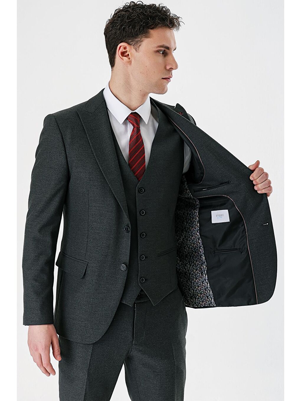 Koyu Antrasit Kırlangıç Yaka Yelekli Elastanlı 6 Drop Slim Fit Klasik Takım Elbise 1001240167-7