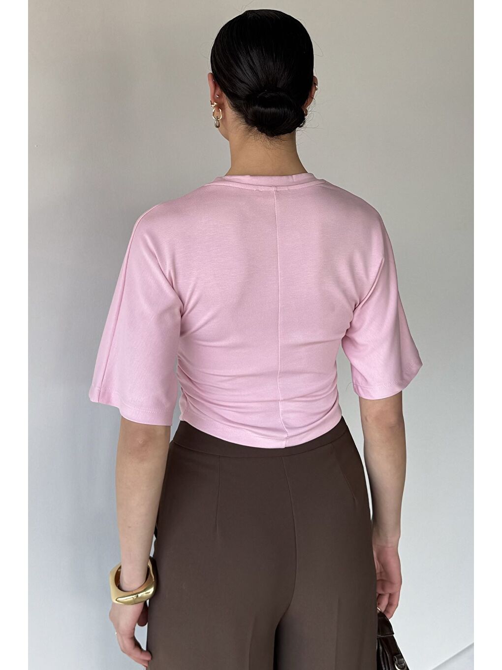Pembe Kadın Bel Büzgülü Tişört-2