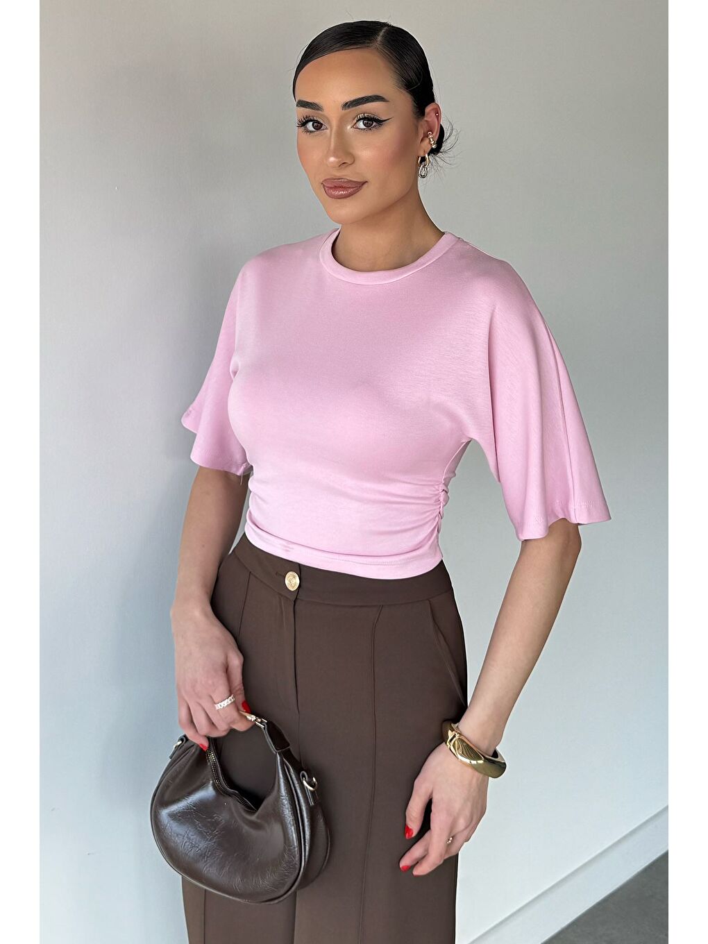 Pembe Kadın Bel Büzgülü Tişört-3