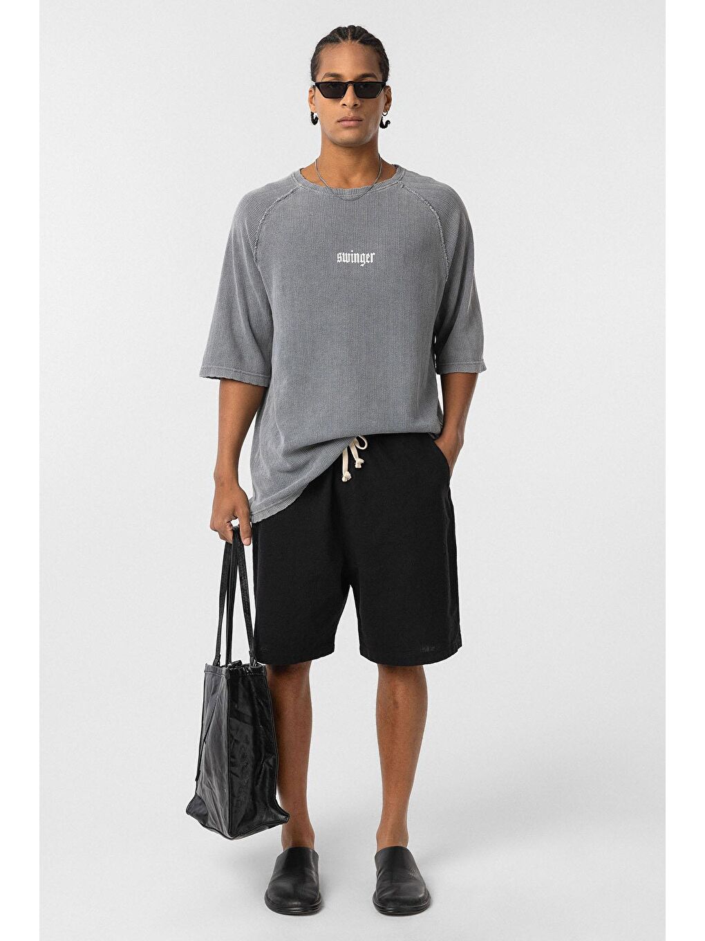 Yıkamalı Oversize Baskılı Triko Tişört Gri