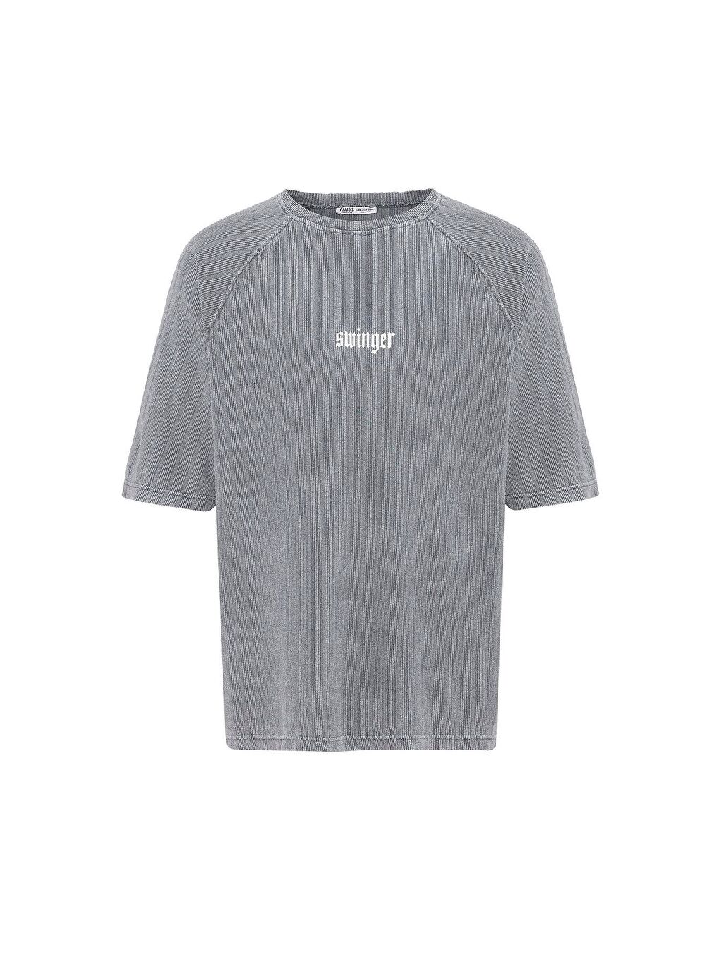 Yıkamalı Oversize Baskılı Triko Tişört Gri-1