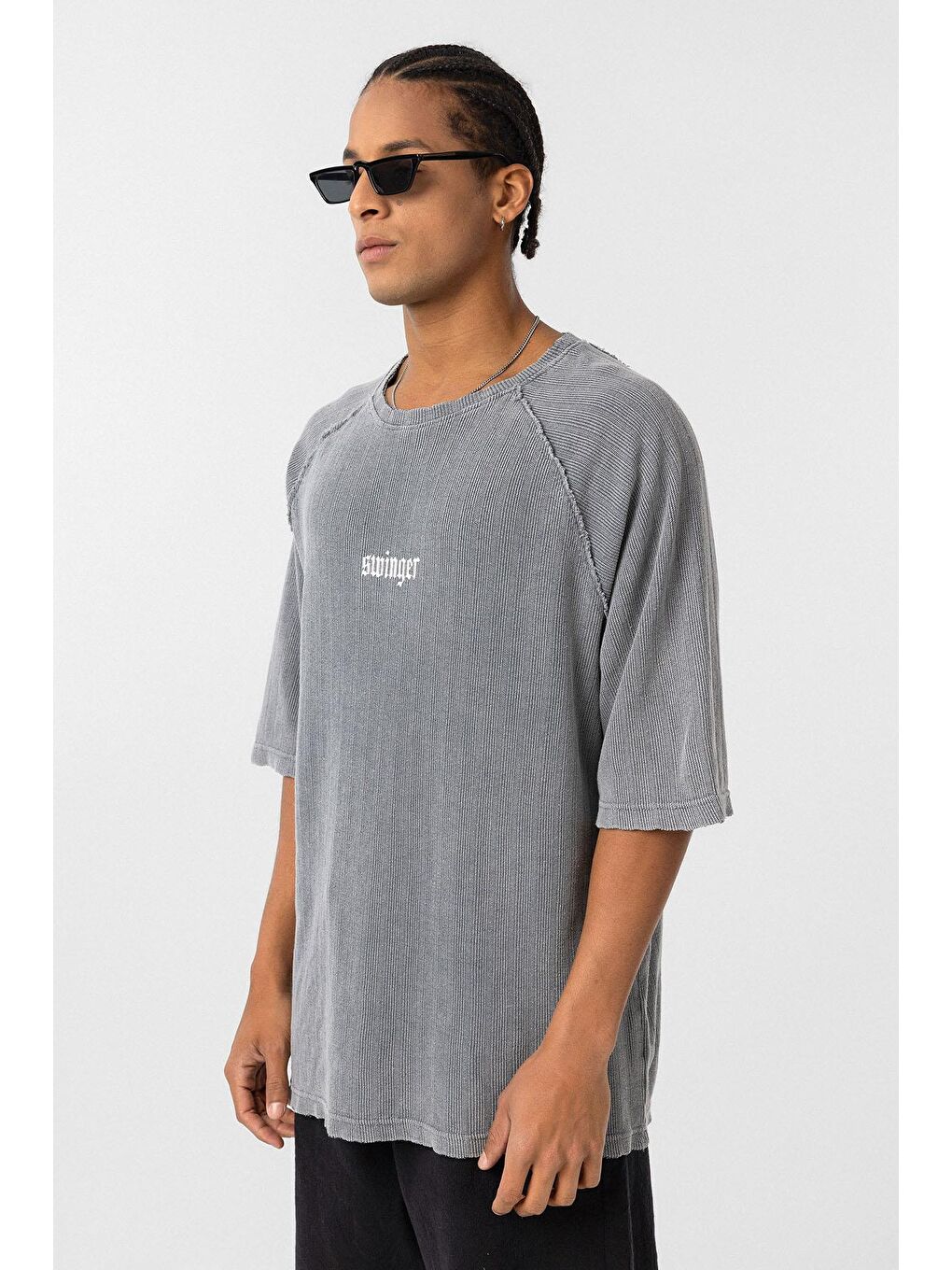 Yıkamalı Oversize Baskılı Triko Tişört Gri-2