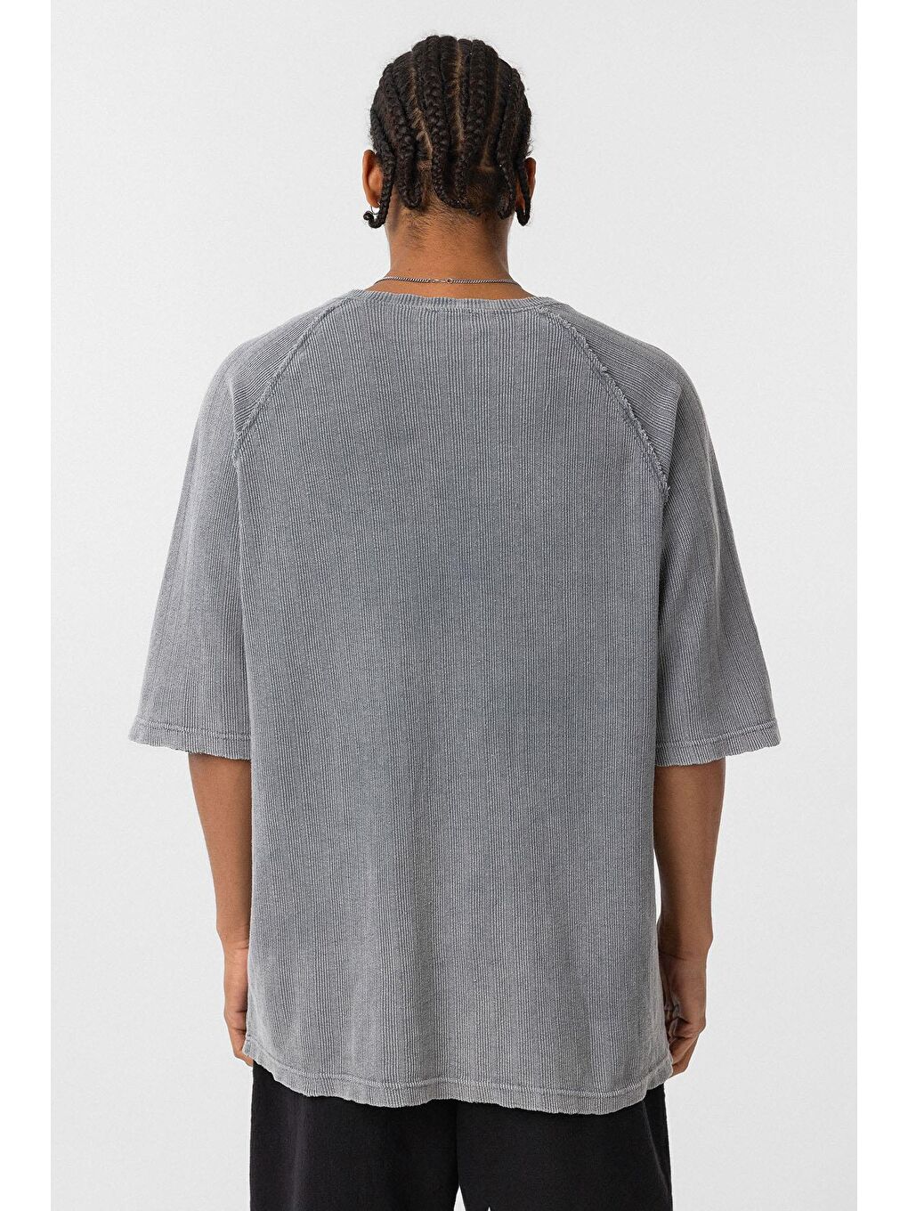 Yıkamalı Oversize Baskılı Triko Tişört Gri-3