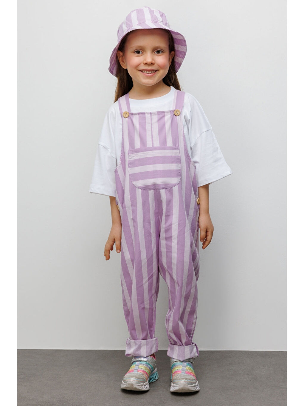 Lila Çizgi Desenli Cep Detaylı Çocuk Salopet-1