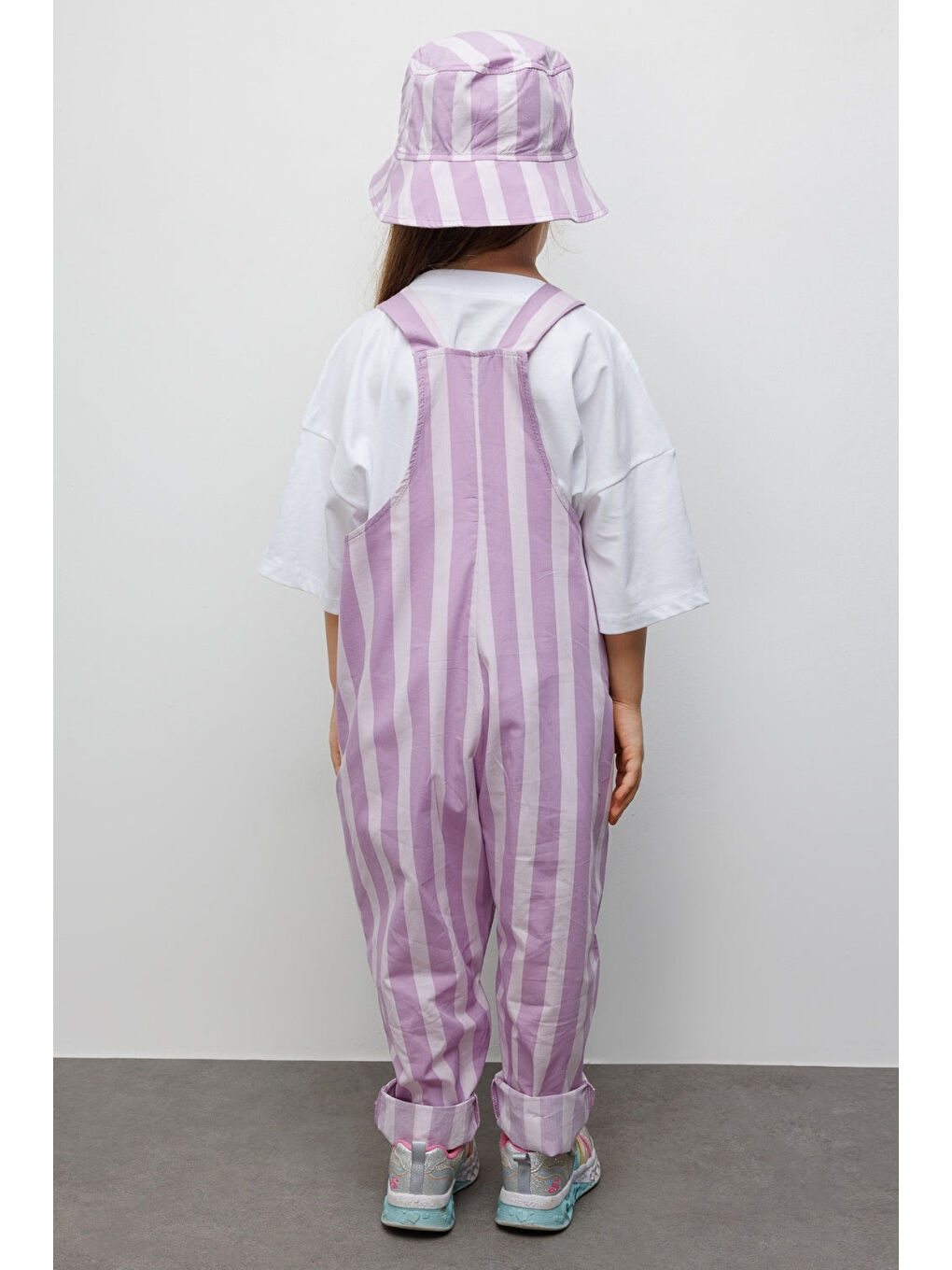 Lila Çizgi Desenli Cep Detaylı Çocuk Salopet-3