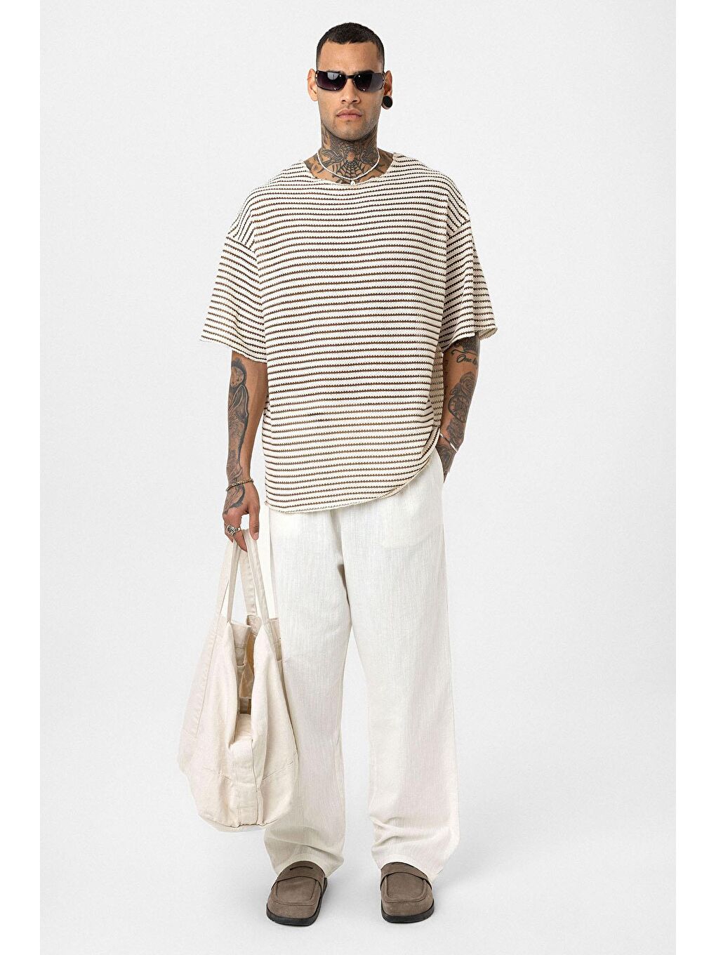 Kahverengi Çizgili Oversize Triko Tişört Kahve