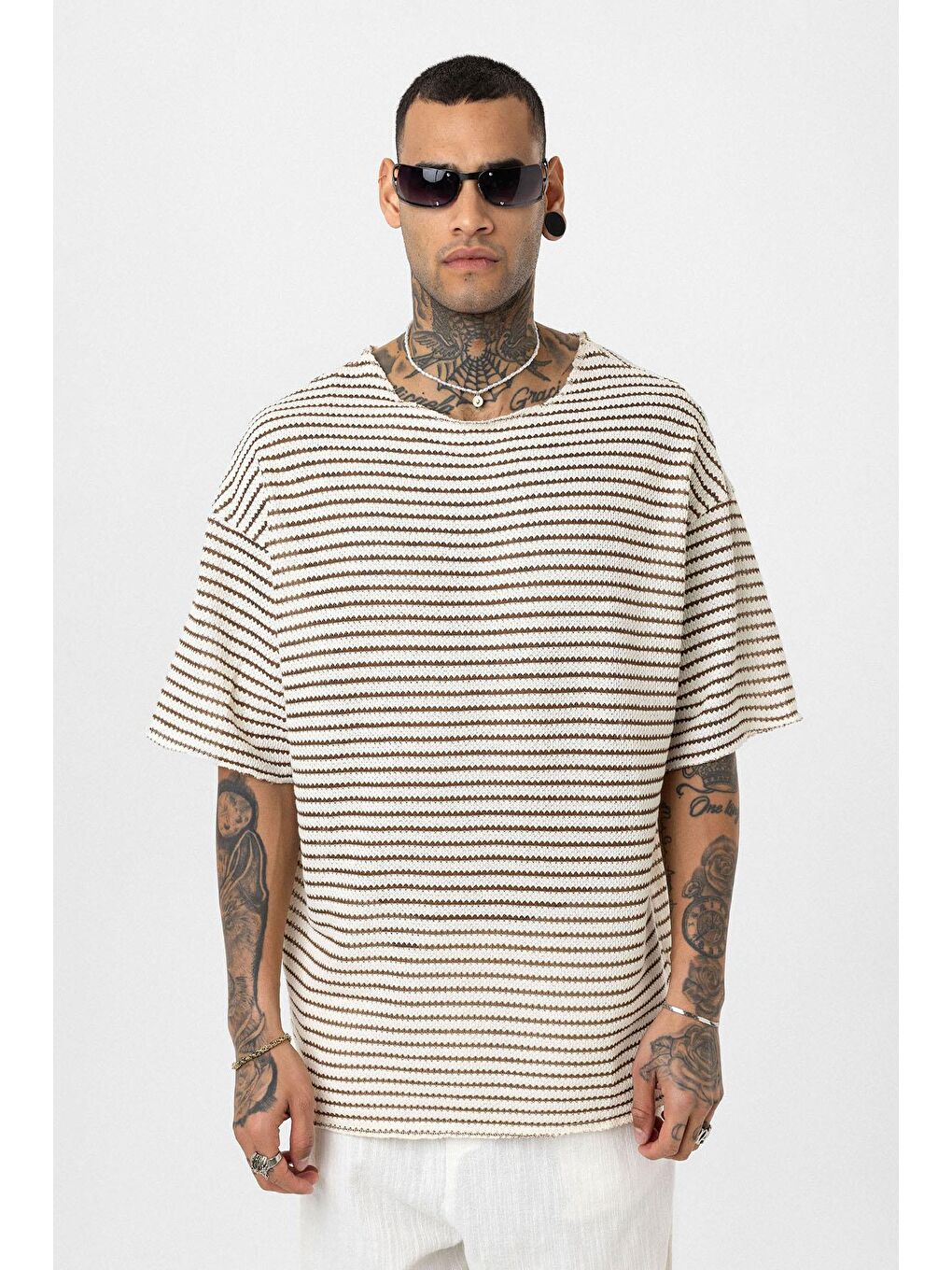 Kahverengi Çizgili Oversize Triko Tişört Kahve-2