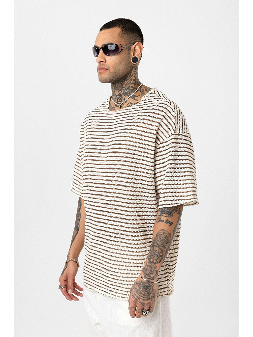 Kahverengi Çizgili Oversize Triko Tişört Kahve-3