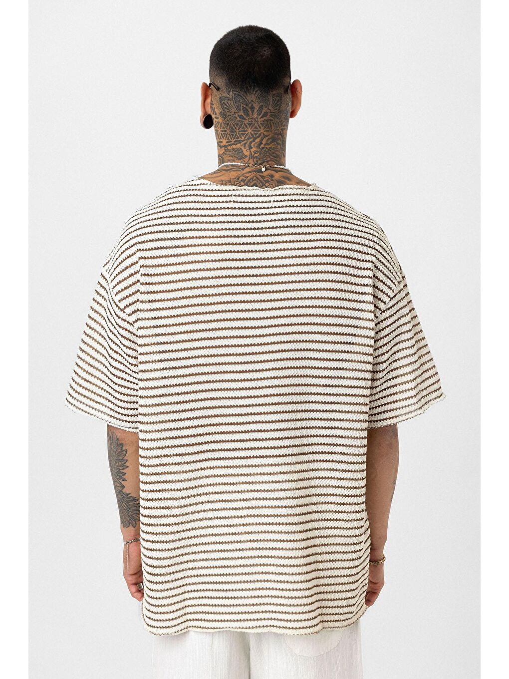 Kahverengi Çizgili Oversize Triko Tişört Kahve-5