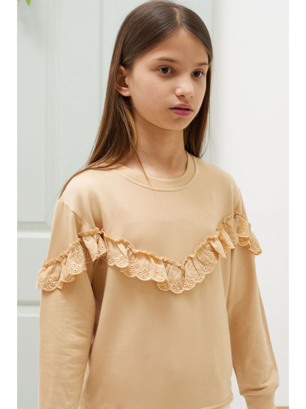 Pembe Life Kids Club Krem Dantel Detaylı Bisiklet Yaka Kız Çocuk Sweatshirt 18543 - 4