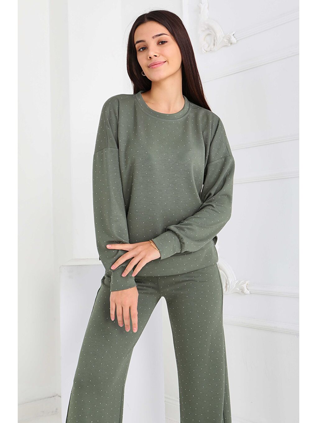 Taşlı Modal İkili Takım Haki - 27868-HAKI-2