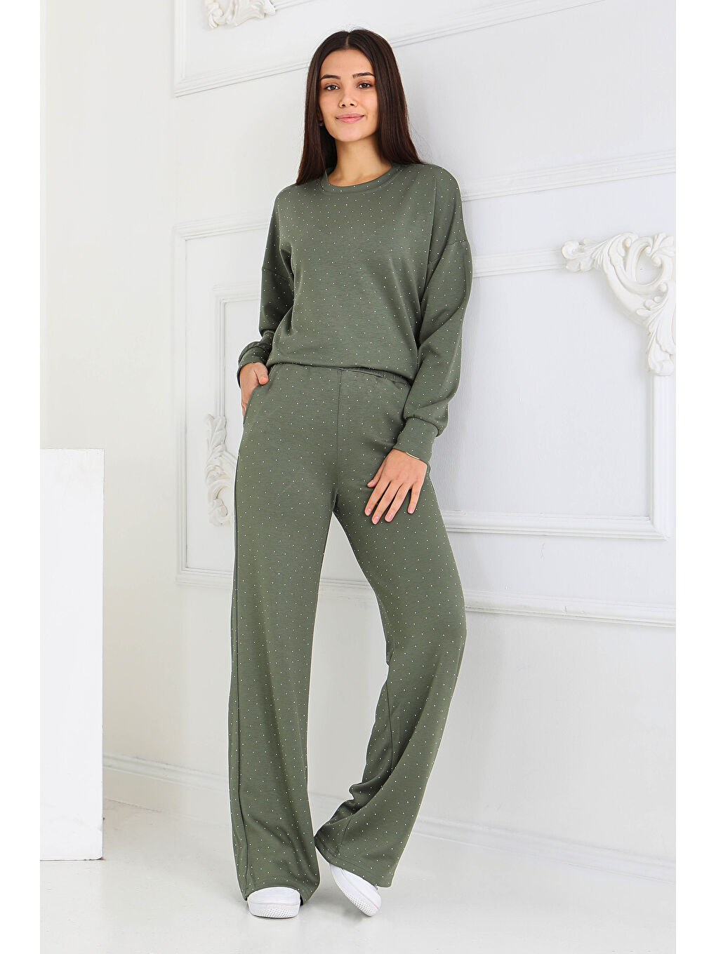 Taşlı Modal İkili Takım Haki - 27868-HAKI-3