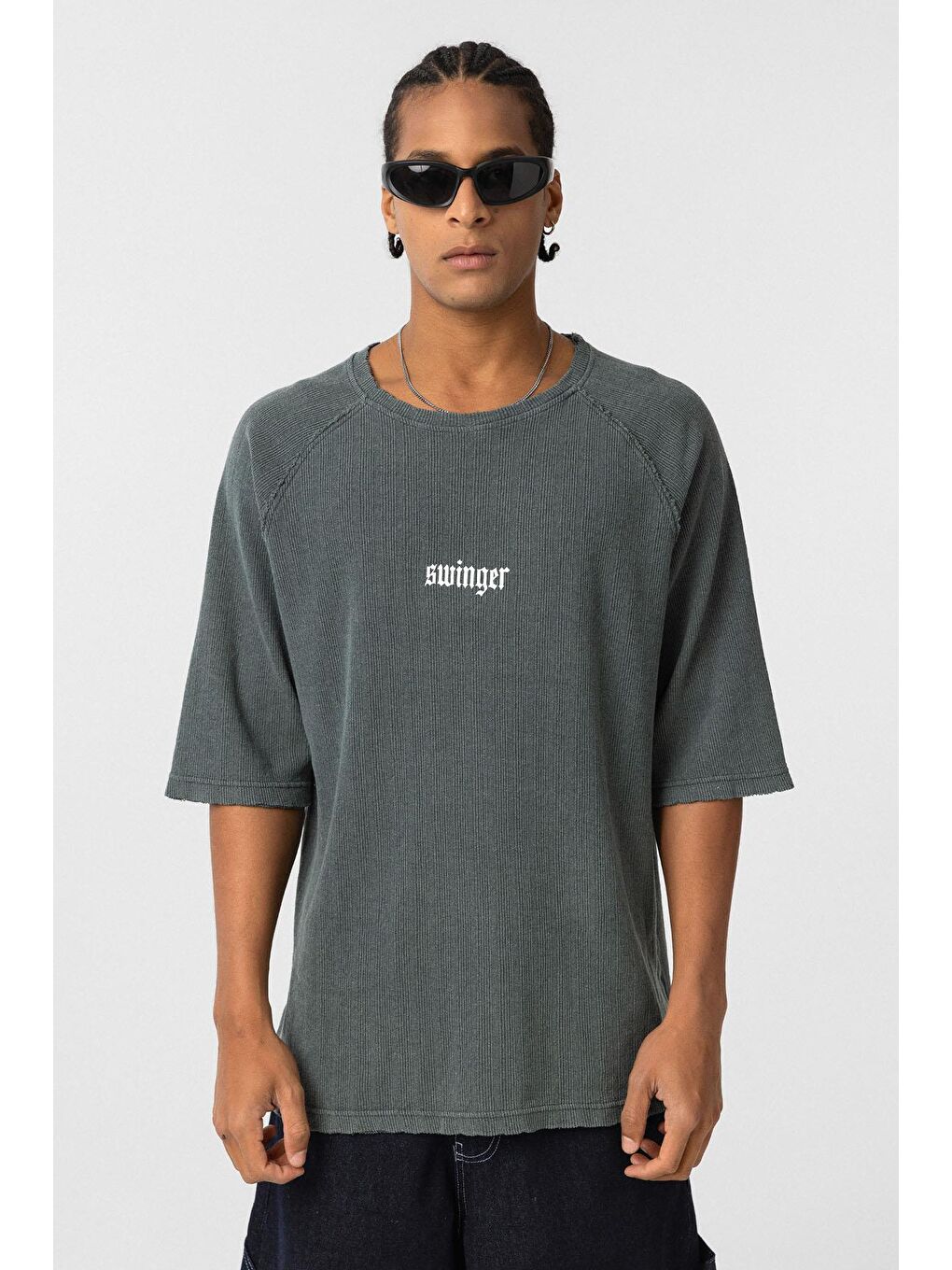 Yıkamalı Oversize Baskılı Triko Tişört Yeşil-2