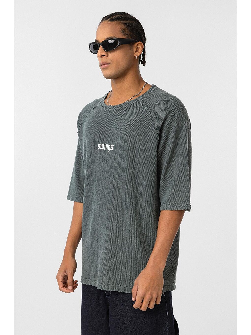 Yıkamalı Oversize Baskılı Triko Tişört Yeşil-3