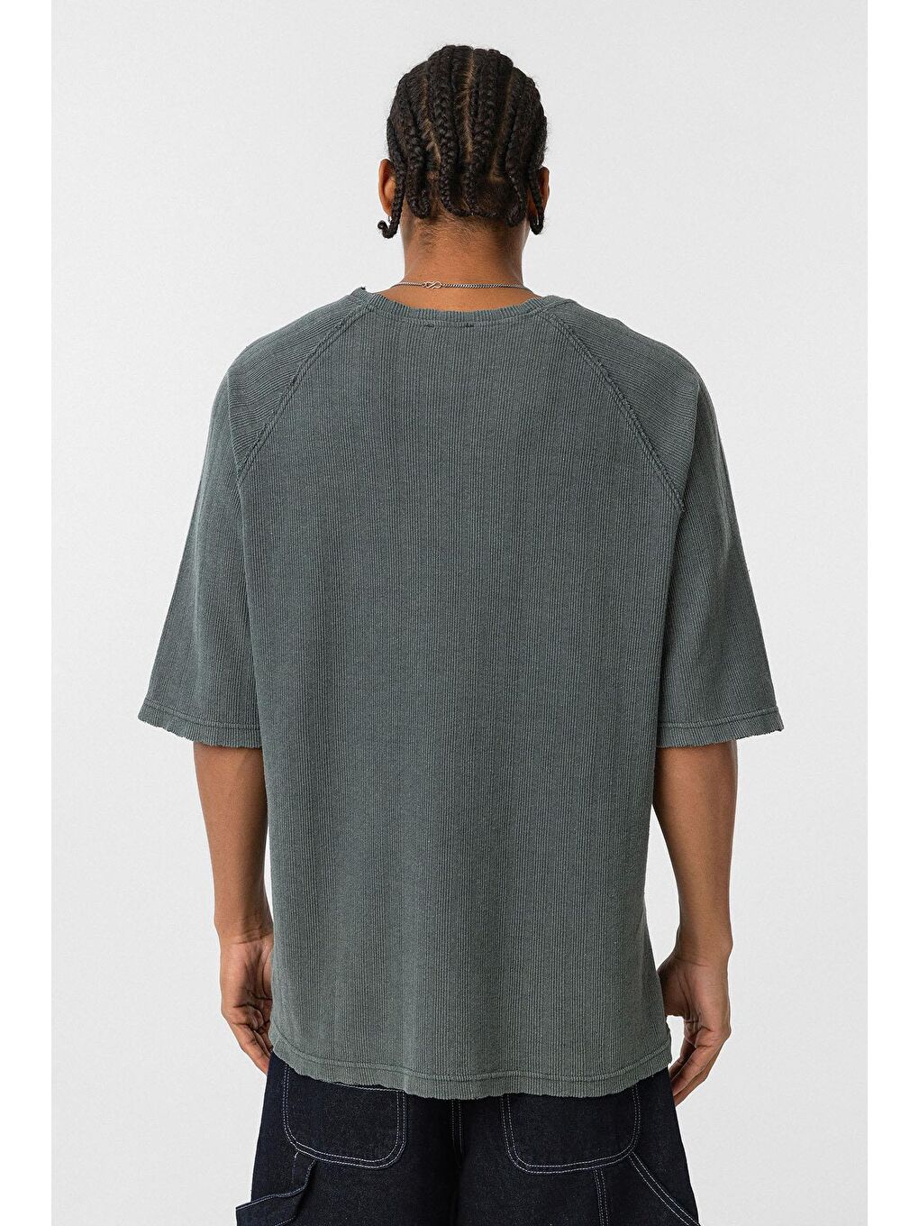 Yıkamalı Oversize Baskılı Triko Tişört Yeşil-5