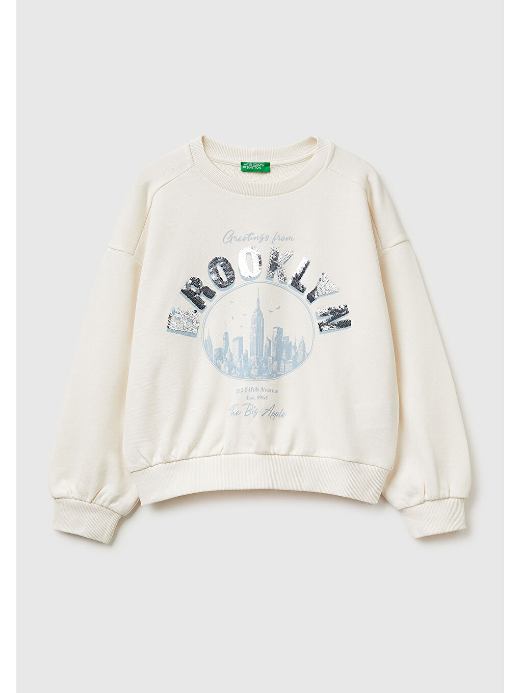 Kız Çocuk Ekru Simli Grafik Baskılı Yuvarlak Yaka Ribanalı Sweatshirt