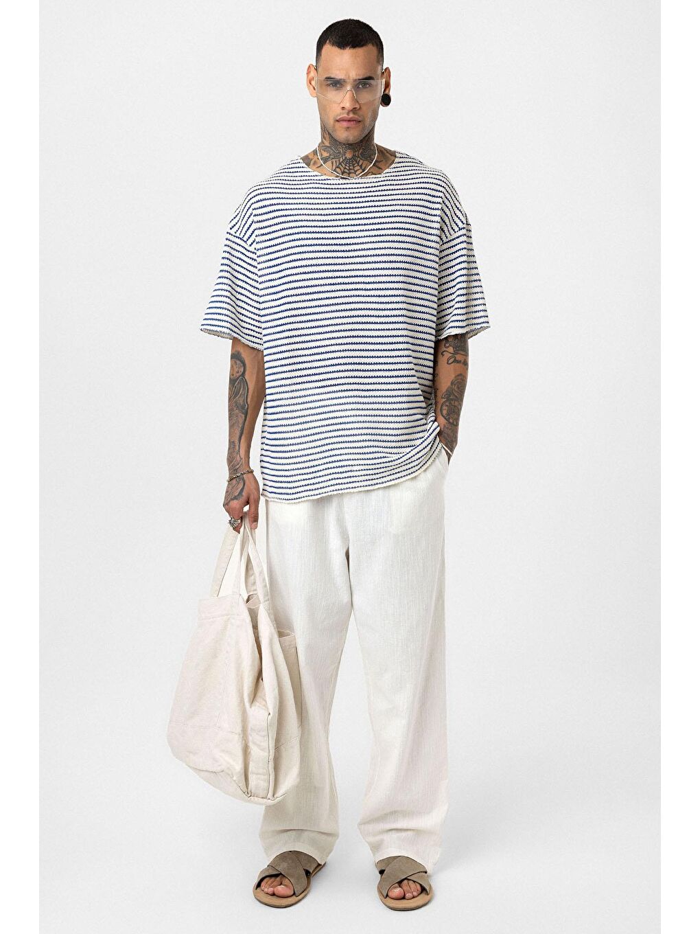 Mavi Çizgili Oversize Triko Tişört Saks