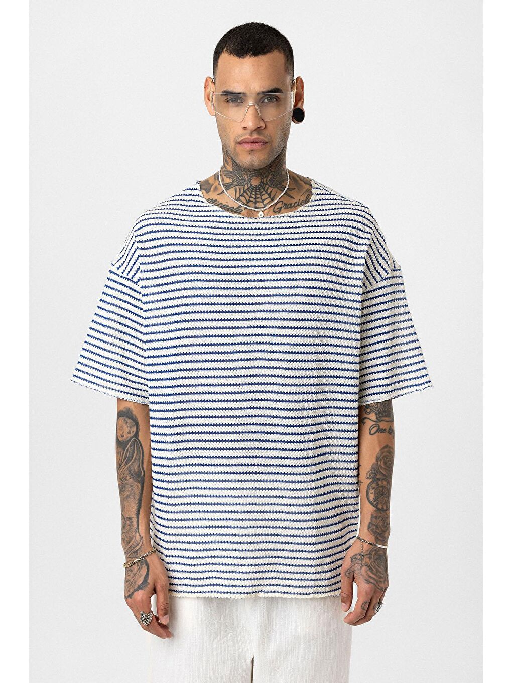 Mavi Çizgili Oversize Triko Tişört Saks-2