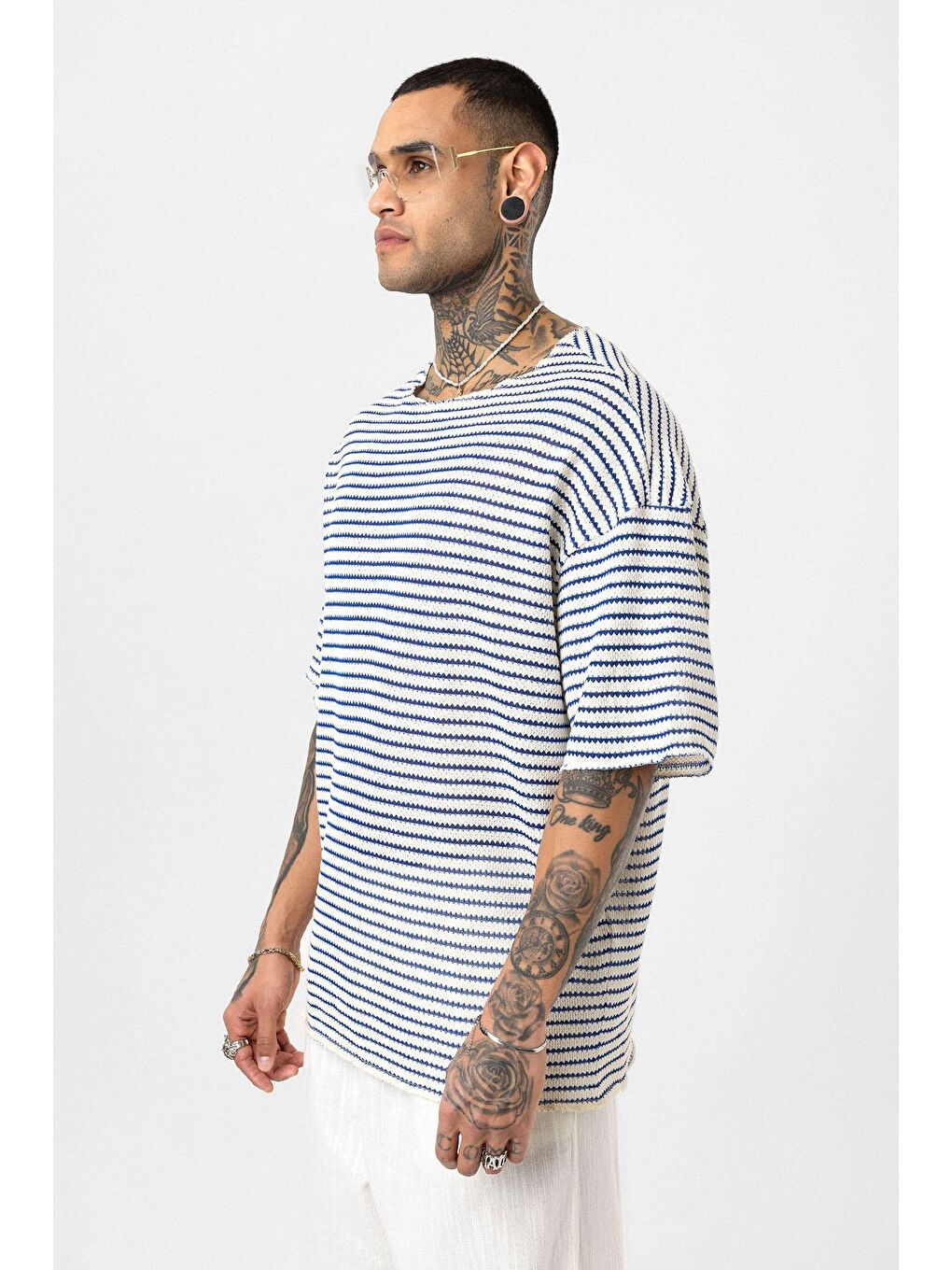 Mavi Çizgili Oversize Triko Tişört Saks-3