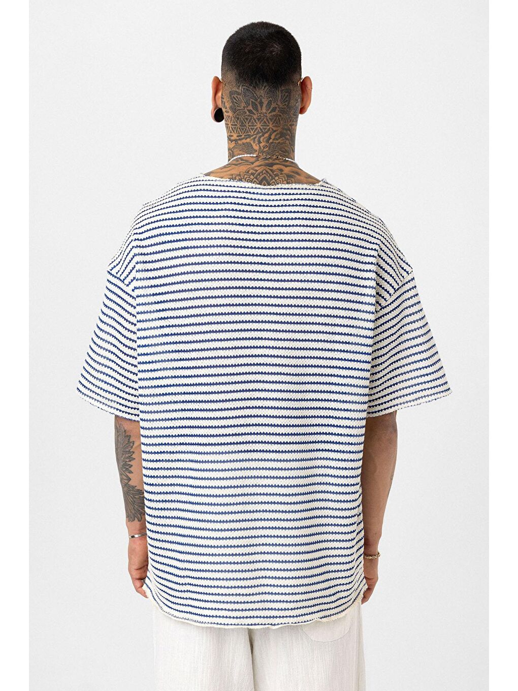 Mavi Çizgili Oversize Triko Tişört Saks-4