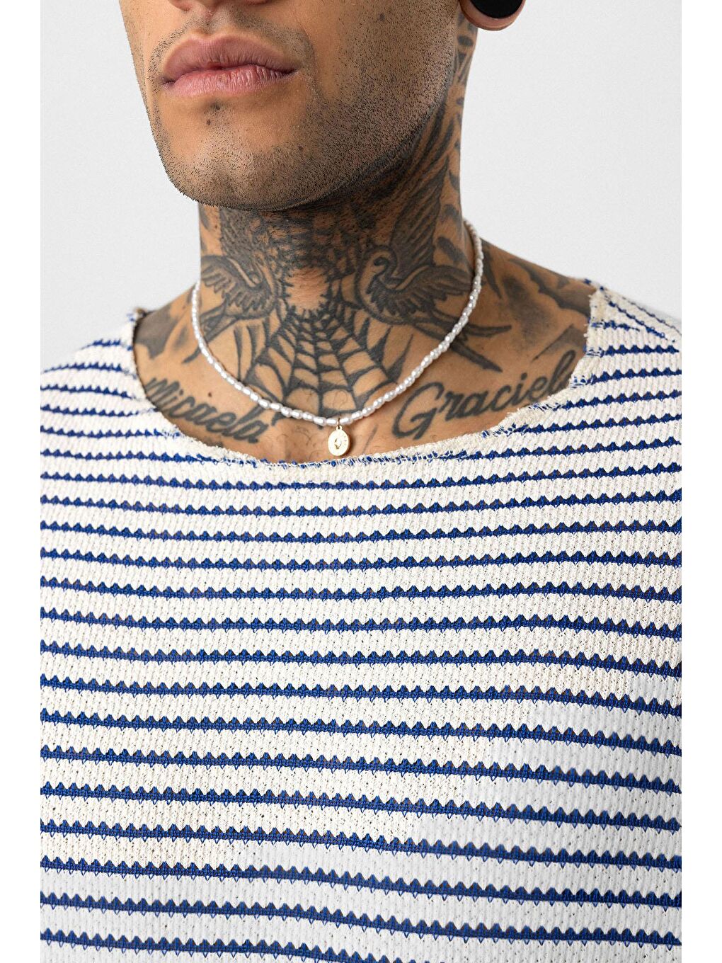 Mavi Çizgili Oversize Triko Tişört Saks-5