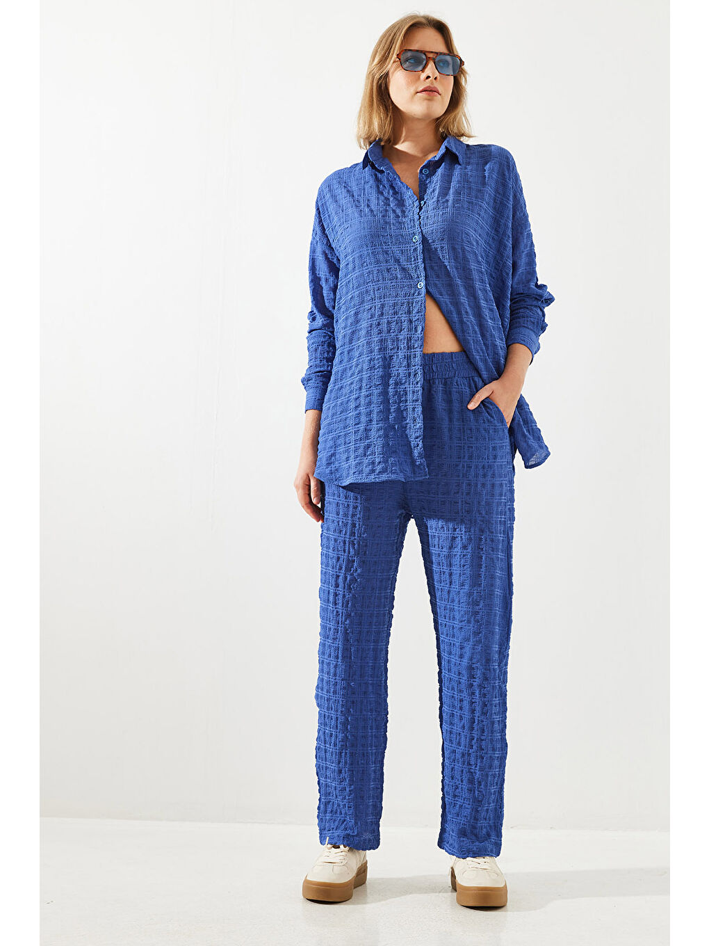 İndigo Kadın Gofre Kumaş Alt-Üst Takım-1