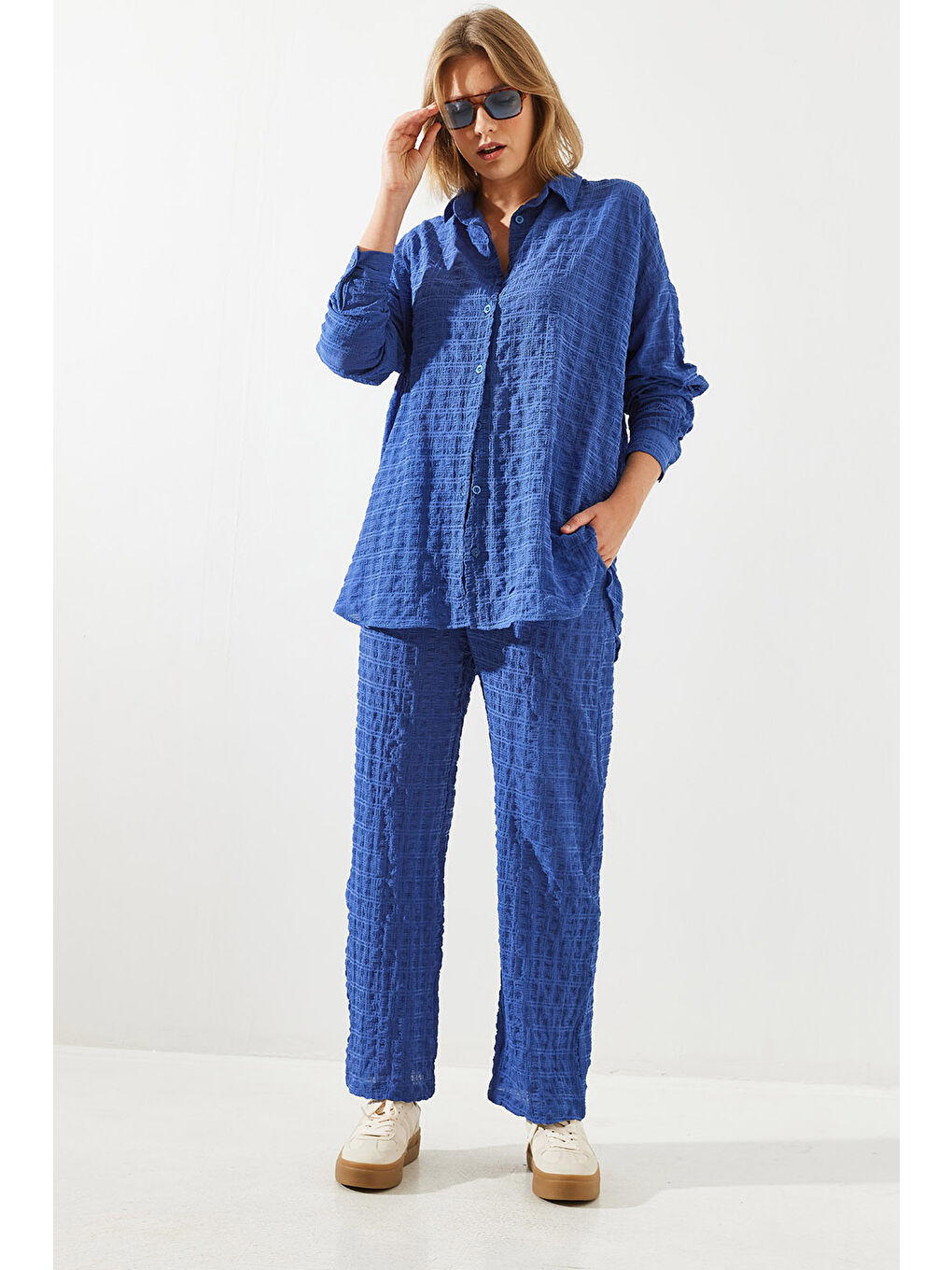 İndigo Kadın Gofre Kumaş Alt-Üst Takım-5