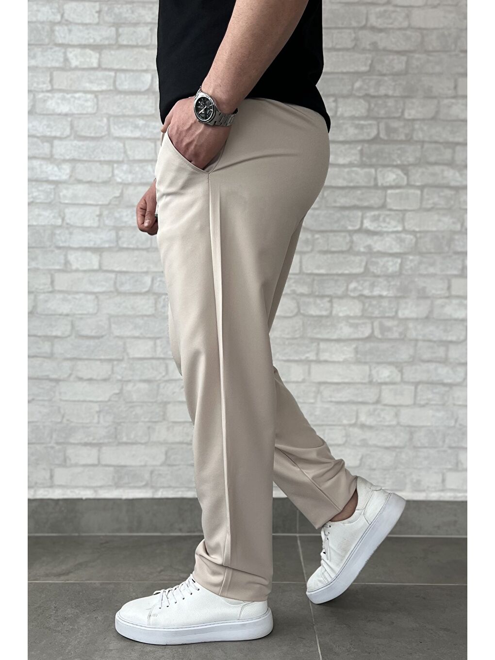 Bej Duble Paça Bel Bağlamalı Kumaş Erkek Pantolon-1