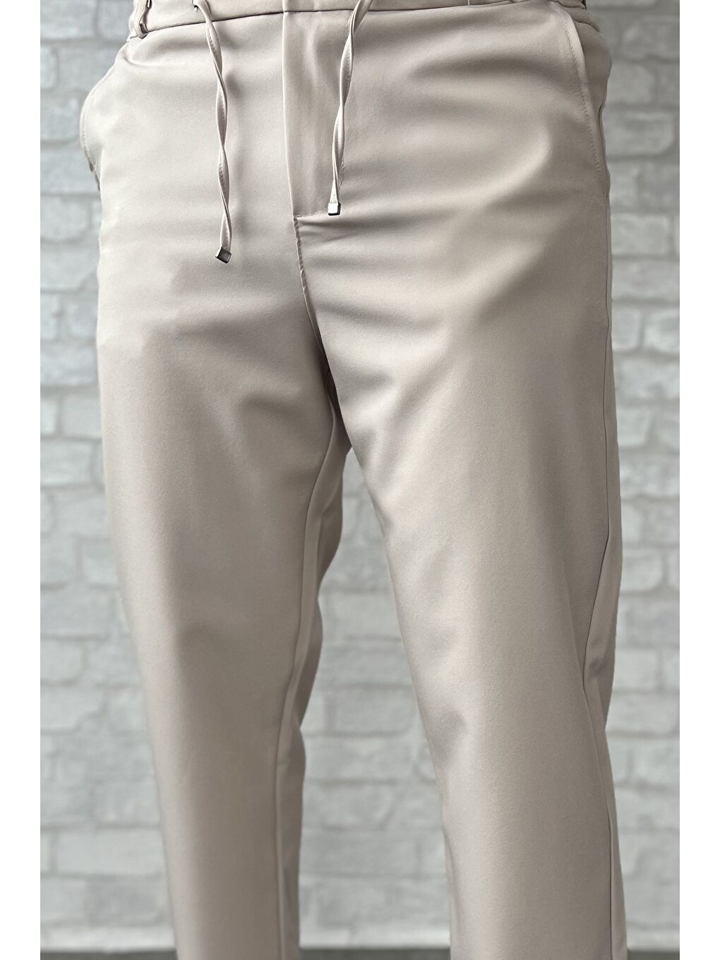 Bej Duble Paça Bel Bağlamalı Kumaş Erkek Pantolon-2