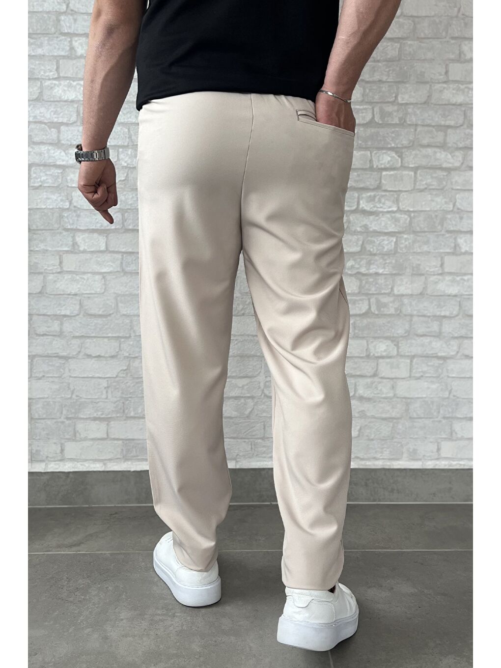 Bej Duble Paça Bel Bağlamalı Kumaş Erkek Pantolon-3