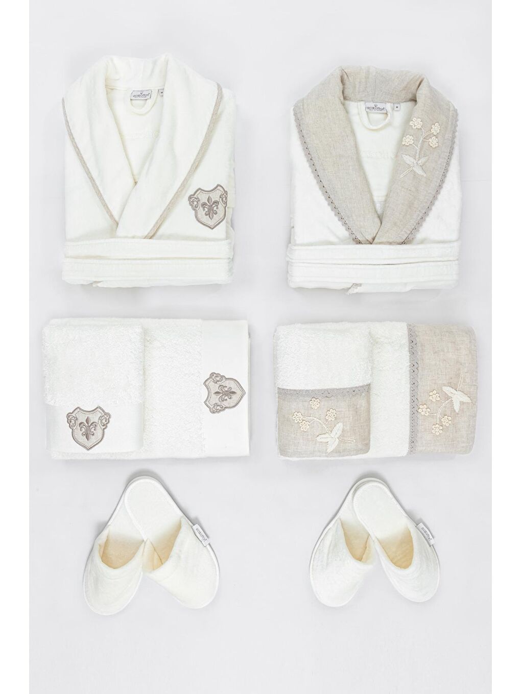 Ekru Ayliz Aile Bornoz  Seti %100 Organik Pamuk Nakışlı Krem/Krem - M/L