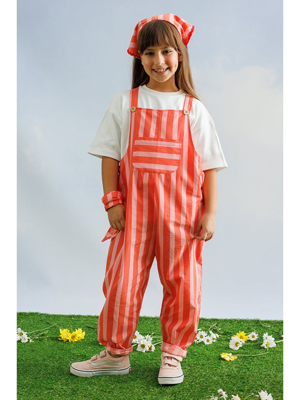 Kırmızı Çizgi Desenli Cep Detaylı Çocuk Salopet-1