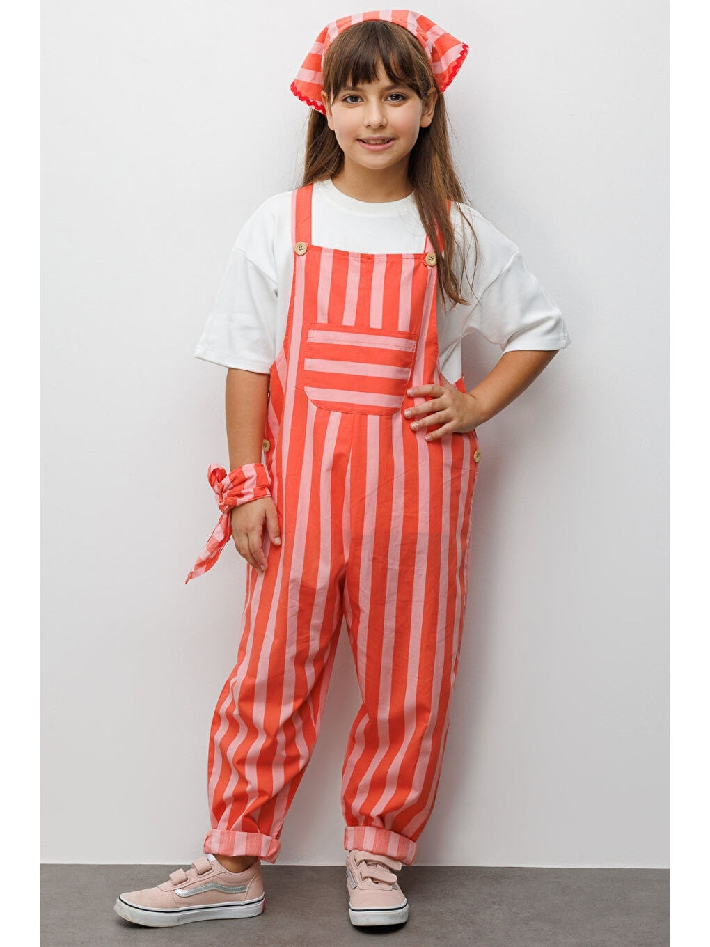 Kırmızı Çizgi Desenli Cep Detaylı Çocuk Salopet-3