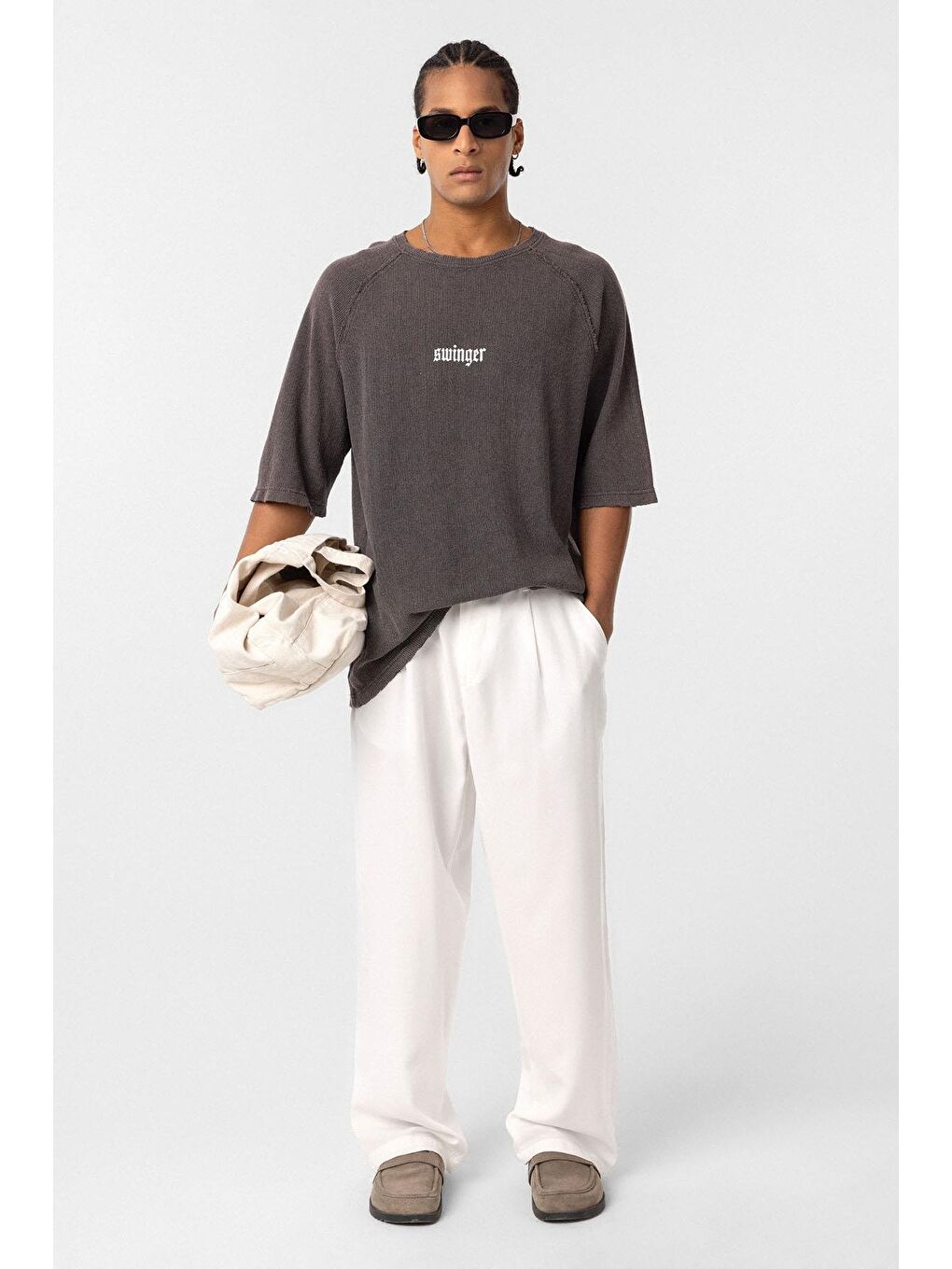 Kahverengi Yıkamalı Oversize Baskılı Triko Tişört Kahve