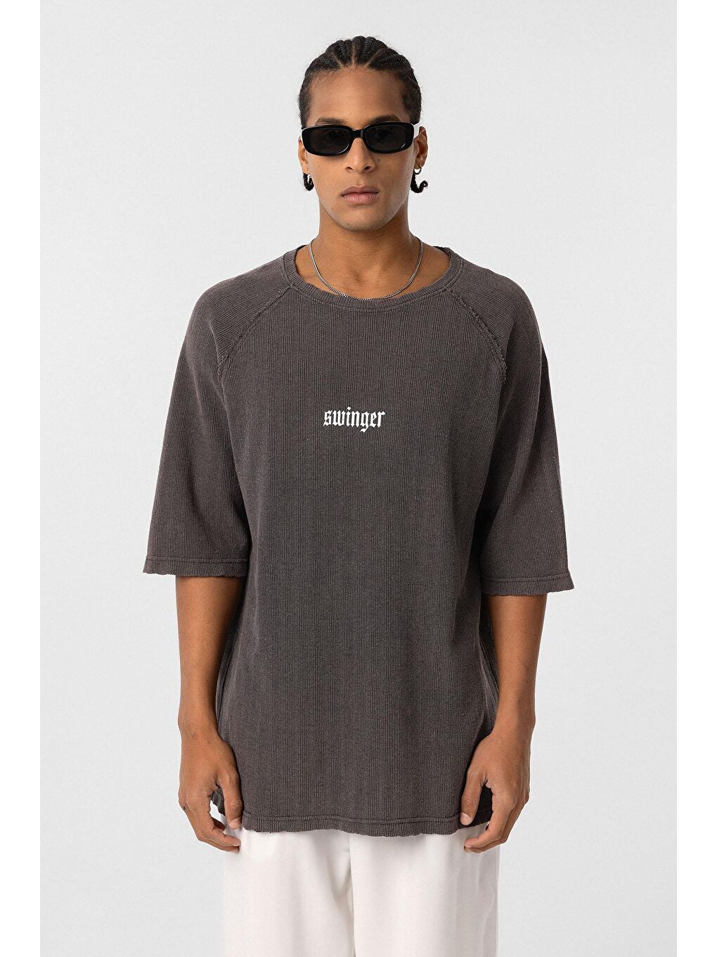 Kahverengi Yıkamalı Oversize Baskılı Triko Tişört Kahve-2