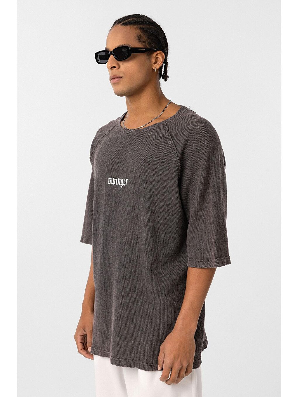 Kahverengi Yıkamalı Oversize Baskılı Triko Tişört Kahve-3