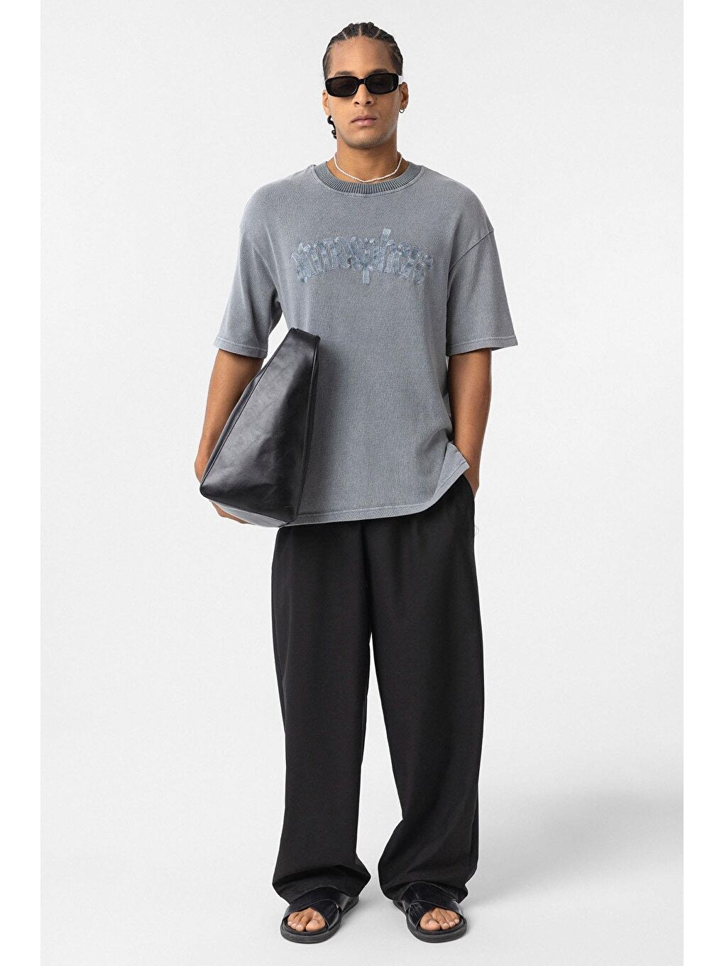 Yıkamalı Oversize Baskılı Tişört Gri