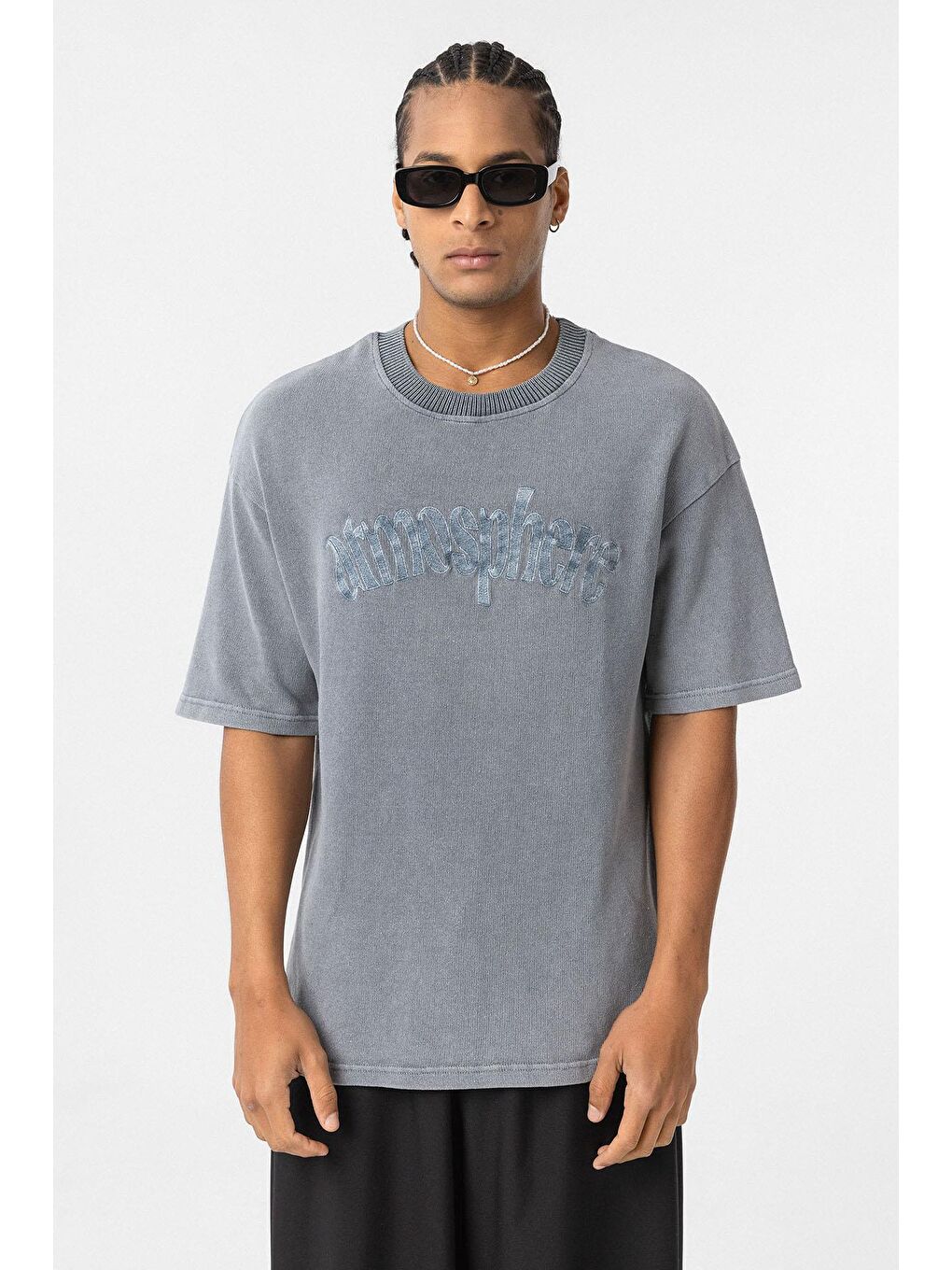 Yıkamalı Oversize Baskılı Tişört Gri-2