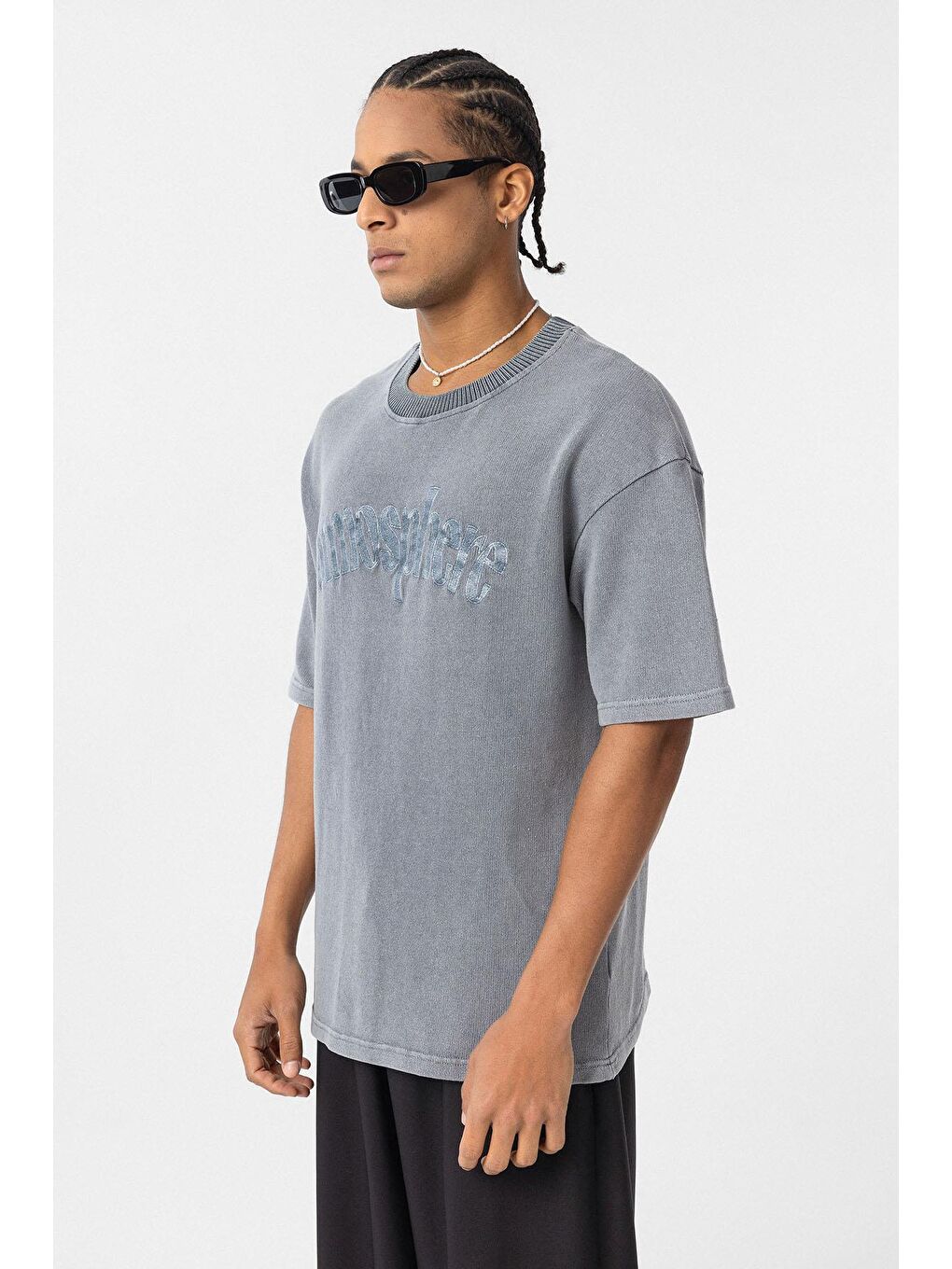 Yıkamalı Oversize Baskılı Tişört Gri-3