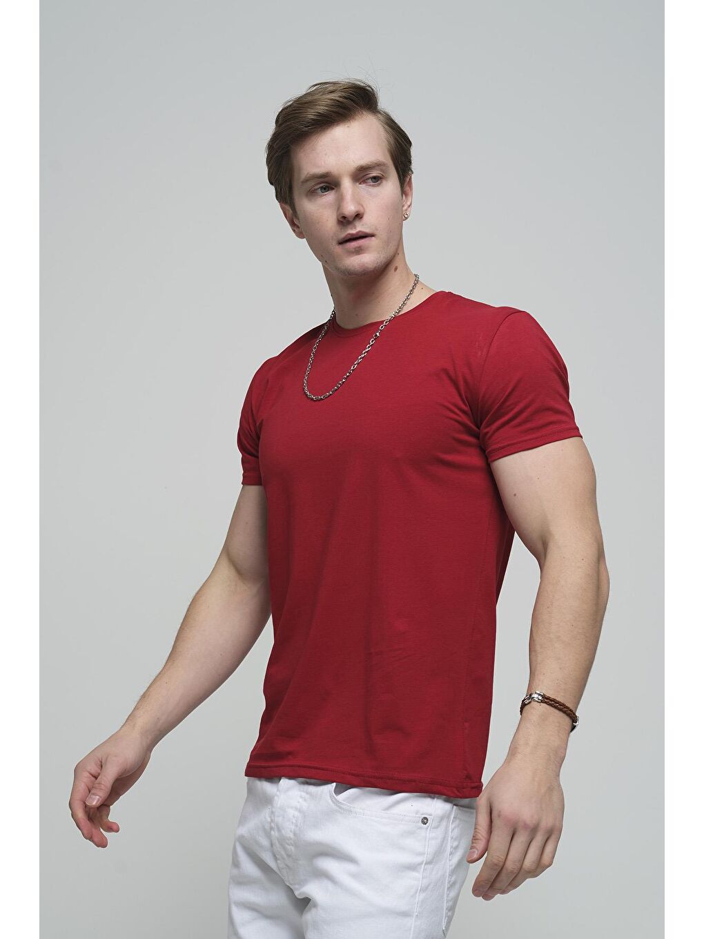 Oksit Bordo FTX Slim Fit Likralı Bisiklet Yaka Erkek Basic Tişört