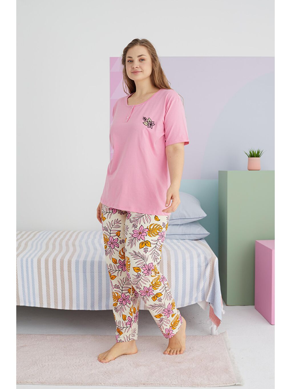 SİYAH İNCİ Pembe Curve Büyük Beden Battal Boy Pamuklu Örme Pijama Takımı