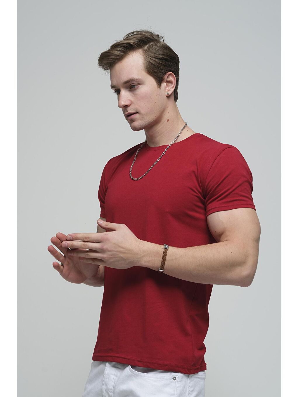 Oksit Bordo FTX Slim Fit Likralı Bisiklet Yaka Erkek Basic Tişört - 1