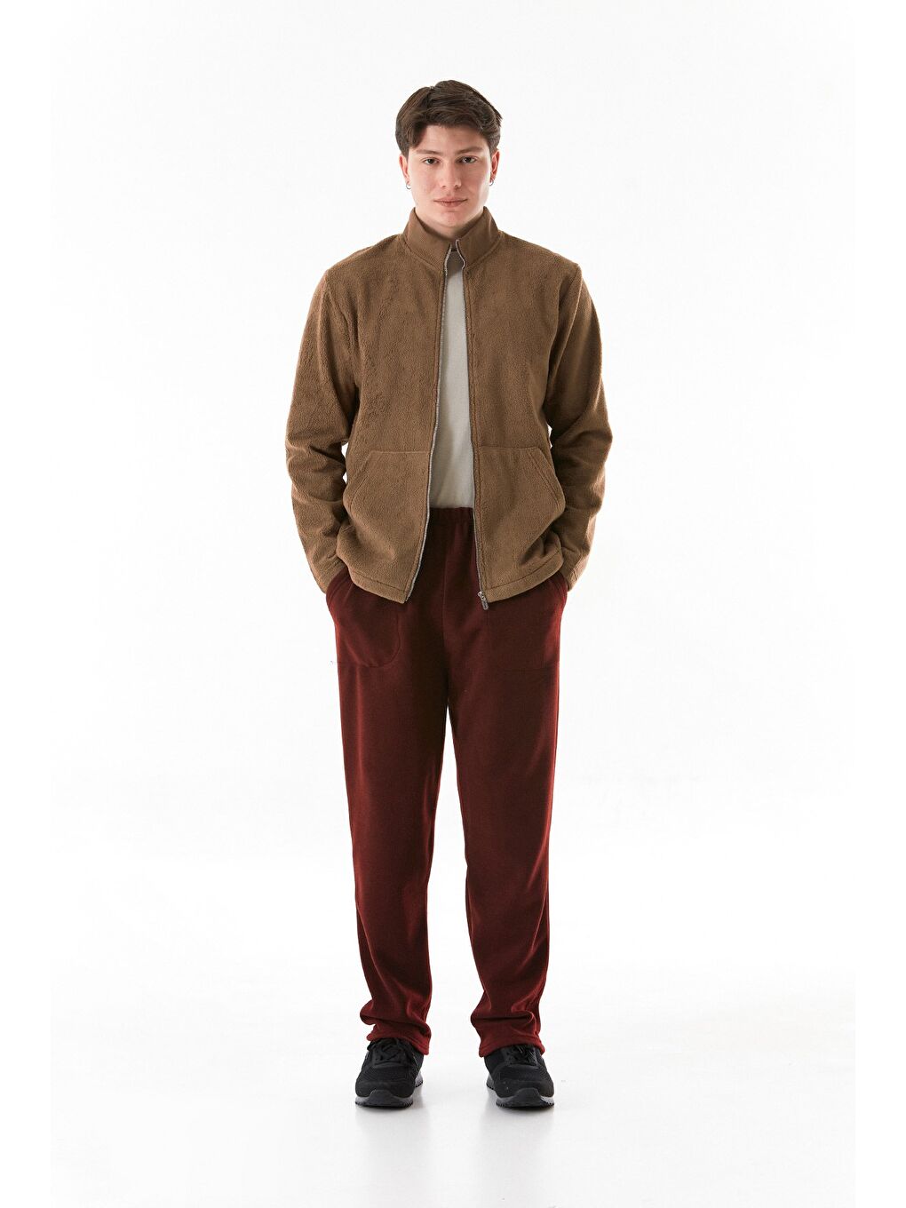 Kahverengi Dik Yaka Polar Fermuarlı Sweatshirt-3